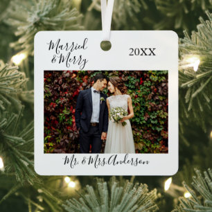 Calligrafie Verheiratet und Merry-Foto-Hochzeit Ornament Aus Metall