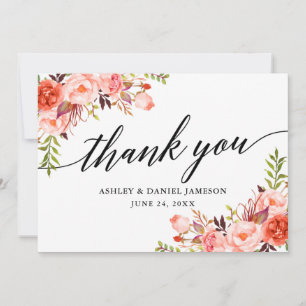 Calligrafie Watercolor Coral Floral Wedding Dankeskarte