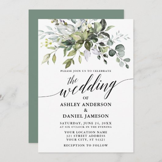 Calligrafie Watercolor Greenery Sage Green Wedding Einladung (Vorne/Hinten)