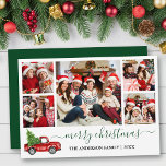 Calligrafie Weihnachten Red Truck 5 Foto Grün<br><div class="desc">Modernes Kalligrafie Script 5 Foto Familienfoto Collage Die Weihnachtskarte enthält Vintagen Rotkäppchen mit Baumwolle - Waldgrüne Schrift</div>