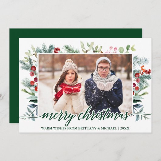 Calligrafie Weihnachtsgrün Grünes Foto Feiertagskarte (Vorne/Hinten)