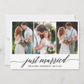 Calligrafisches Skript Just Married Wedding Foto C Dankeskarte (Vorderseite)