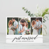 Calligrafisches Skript Just Married Wedding Foto C Dankeskarte (Stehend Vorderseite)