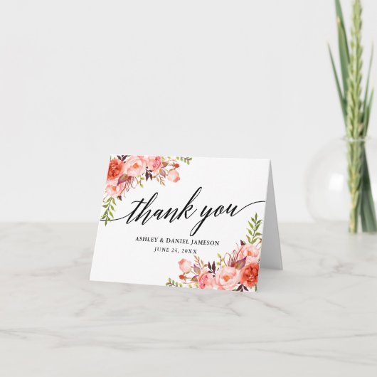 Calligrafy Coral Floral Wedding Note Dankeskarte (Vorderseite)