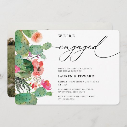 Calligrafy Engagement Party für Aquarellkaktus Einladung (Vorne/Hinten)