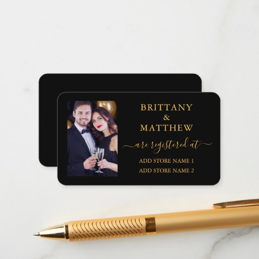 Calligrafy Foto Wedding Registry Gold Black Begleitkarte (Vorderseite/Rückseite Beispiel)
