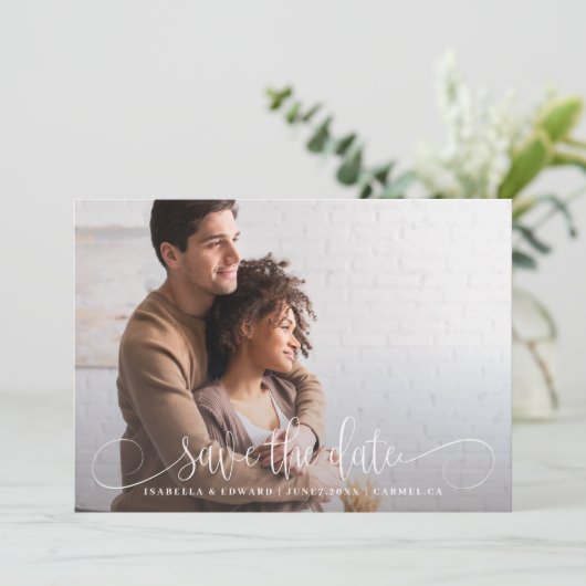 Calligrafy Foto Wedding Save the Date Card (Stehend Vorderseite)