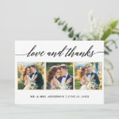 Calligrafy Gold Frame Liebe Dank Wedding 3 Foto Dankeskarte (Stehend Vorderseite)