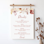 Calligrafy Graceful Floral Wedding Drinks Menü Poster<br><div class="desc">Dieses kalligraphische,  anmutige Blumengetränk-Menue-Zeichen ist perfekt für eine rustikale Hochzeit. Die Einrichtung ist in Weiß,  Bordeaux,  rosa Rosen und Herbstlauben gehalten.</div>