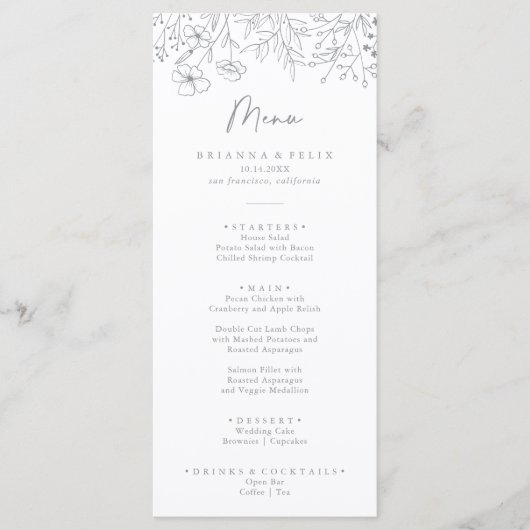 Calligrafy Neutral Wildblume Dinner Menu Menükarte (Vorderseite)