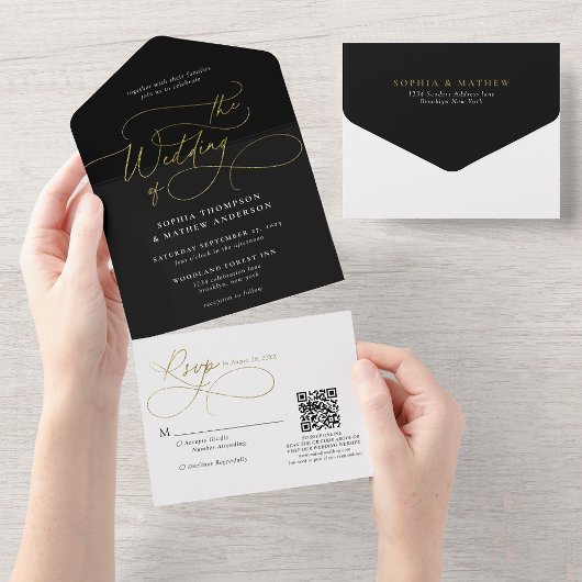 Calligrafy Schwarz-weiß Gold QR Code Wedding All In One Einladung