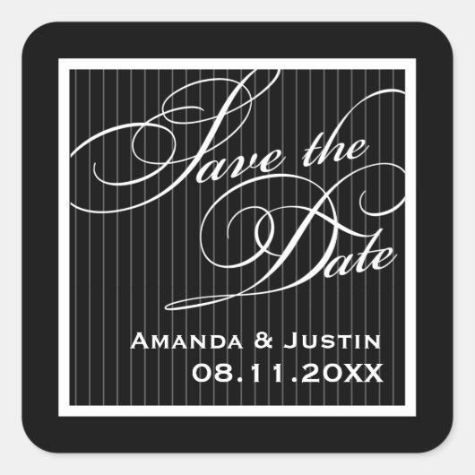 Calligraphic Black Pinstripe Save the Date Quadratischer Aufkleber (Vorderseite)