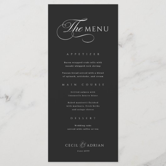 Calligraphic Elegant Black Wedding Menu Menükarte (Vorderseite)