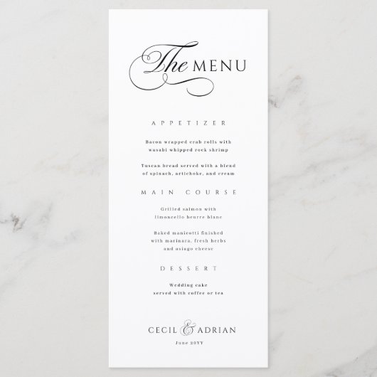 Calligraphic Elegant Black White Wedding Menu Menükarte (Vorderseite)