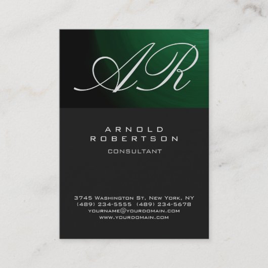 Calligraphic Grey Green Monogram Business Card Visitenkarte (Vorderseite)