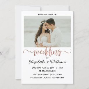 Calligraphic Rose Gold Glitzer Wedding Foto Einladung
