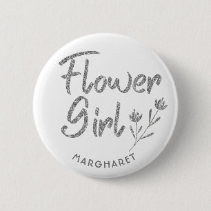 Calligraphic Silver Flower Girl Button