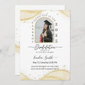 Calligraphic White Glitzer Foto Abschluss Einladung (Vorne/Hinten)