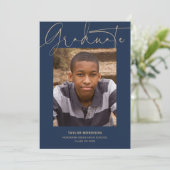 Calligraphie-1-Foto-Blue & Gold-Graduation Party Einladung (Stehend Vorderseite)