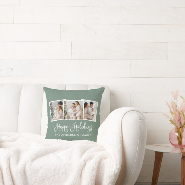 Calligraphie 3 Foto Happy Holidays Sage Green Kissen (Liege)