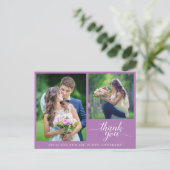 Calligraphie 3 Fotos Hochzeit Danke Lila Postkarte (Stehend Vorderseite)