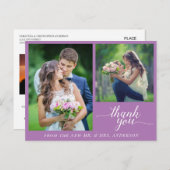 Calligraphie 3 Fotos Hochzeit Danke Lila Postkarte (Vorne/Hinten)