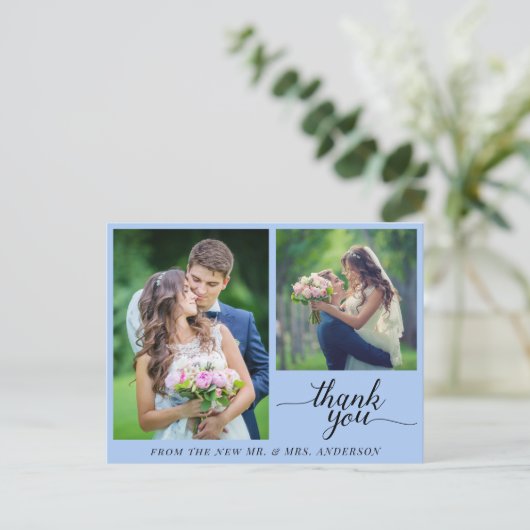 Calligraphie 3 Fotos Hochzeit Vielen Dank Light Bl Postkarte (Stehend Vorderseite)
