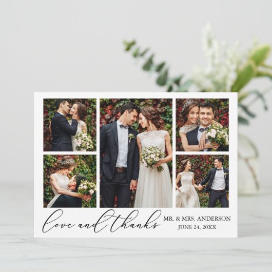 Calligraphie 6 Fotos QR Code Liebe Dank Hochzeit Dankeskarte (Stehend Vorderseite)