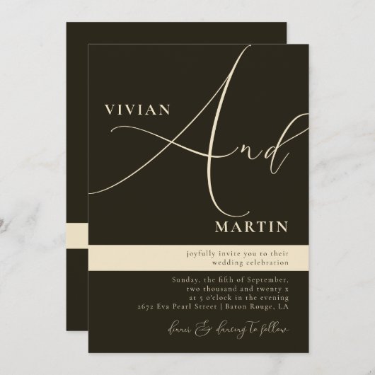 Calligraphie Big Bold "and" Dark Green Wedding Einladung (Vorne/Hinten)