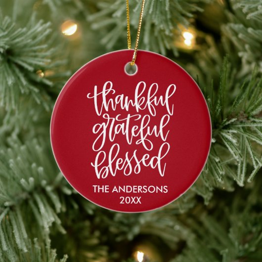 Calligraphie dankbar dankbar, gesegnet Rot Keramik Ornament (Baum)