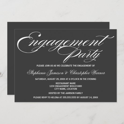 Calligraphie Elegance Graue Engagement Party Einladung (Vorne/Hinten)