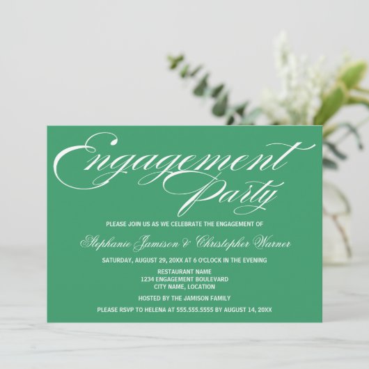 Calligraphie Elegance Grüne Engagement Partei Einladung (Stehend Vorderseite)