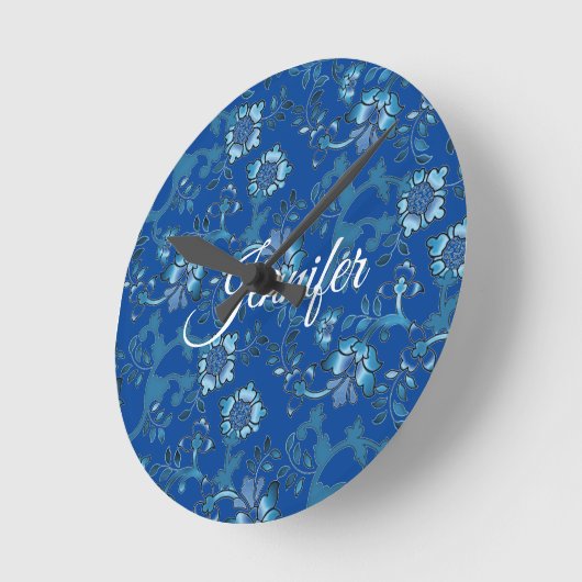 Calligraphie Elegant Blauer Individuelle Name Runde Wanduhr (Winkel)