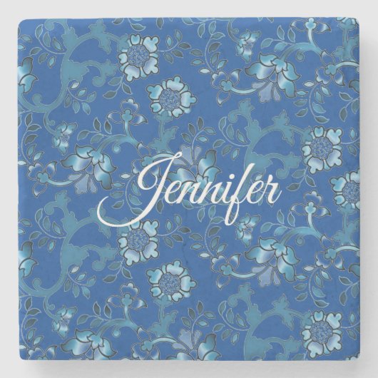 Calligraphie Elegant Blauer Individuelle Name Steinuntersetzer (Vorderseite)