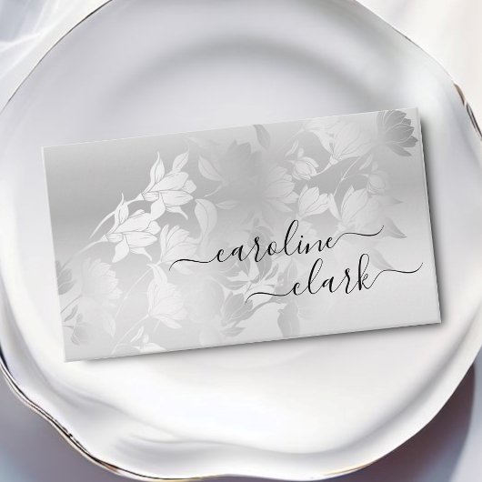 Calligraphie Elegant Moderne Silbergraue Blume Visitenkarte