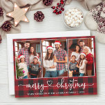 Calligraphie Herz 3 Foto Karierte Weihnachten Rot<br><div class="desc">Moderne Kalligraphie Herzstück Script 3 Foto Familienfoto Collage Frohe Weihnachtskarte - Rot Kariert</div>