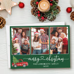 Calligraphie Herz 3 Foto Weihnachtsmann Roter Lkw Feiertagskarte<br><div class="desc">Moderne Kalligraphie Herzstück Script 3 Foto Familienfoto Collage Frohe Weihnachtskarte - Vintager Wasserfarbe Truck mit Christbaum - Waldgrüner Hintergrund</div>