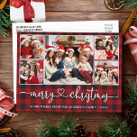 Calligraphie Herzlich Weihnachten 5 Foto Rot Karie Postkarte<br><div class="desc">Moderne Kalligraphie Herzensschrift Frohe Weihnachten 5 Foto Weihnachtskarte - Rote Karierte</div>