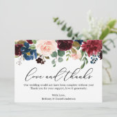 Calligraphie-Liebe dank Burgundy Blue Floral Dankeskarte (Stehend Vorderseite)