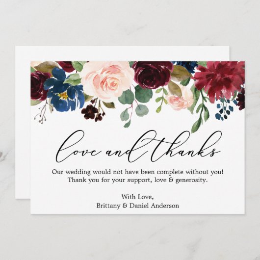 Calligraphie-Liebe dank Burgundy Blue Floral Dankeskarte (Vorne/Hinten)