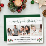 Calligraphie Merry Christmas Holly 3 Foto Green Feiertagskarte<br><div class="desc">Modernes Kalligrafie Script 3 Foto Familienfoto Collage Die Weihnachtskarte enthält Weihnachtsbäume Heilige Berries - Waldgrüne Schrift</div>