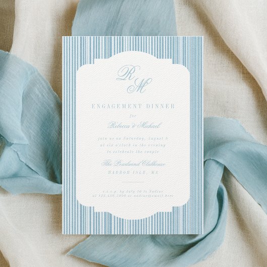 Calligraphie Monogram Blue Stripes Verlobung Einladung