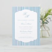 Calligraphie Monogram Blue Stripes Verlobung Einladung (Stehend Vorderseite)
