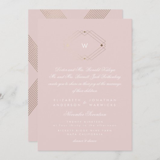Calligraphie Monogram Gold Foil Blush Pink Wedding Einladung (Vorne/Hinten)