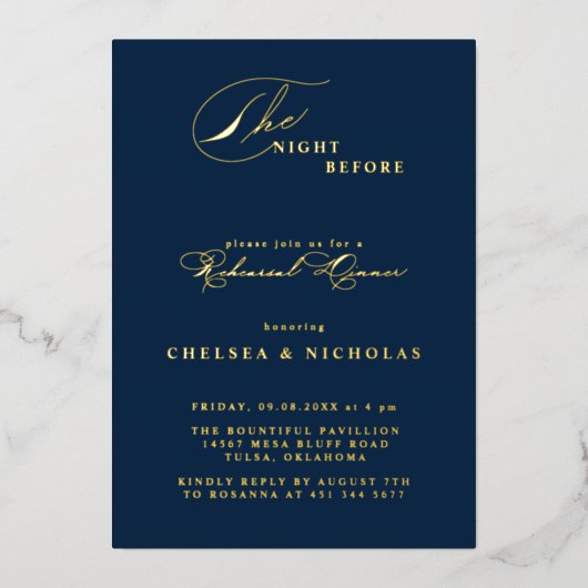 Calligraphie Night Before Probe Dinner Gold Folieneinladung (Vorderseite)