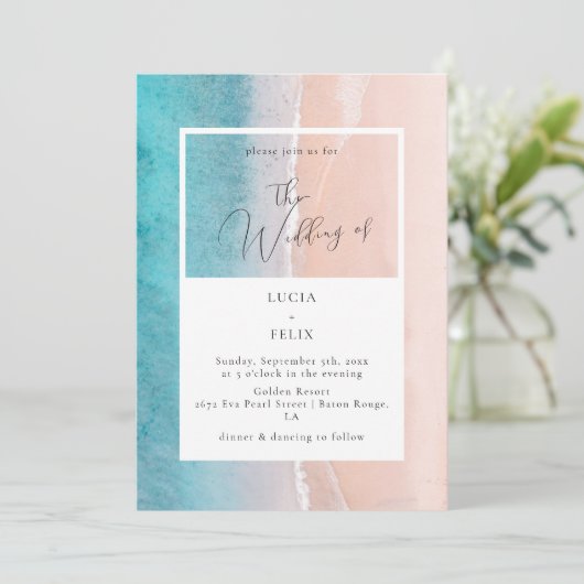 Calligraphie Ocean Deep Blue Beach Hochzeit Einladung (Stehend Vorderseite)