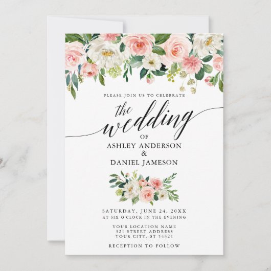 Calligraphie Pink Blush Floral Wedding W Einladung (Vorderseite)