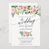 Calligraphie Pink Blush Floral Wedding W Einladung (Vorne/Hinten)