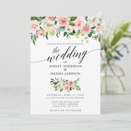 Calligraphie Pink Blush Foto Hochzeit Einladung (Stehend Vorderseite)