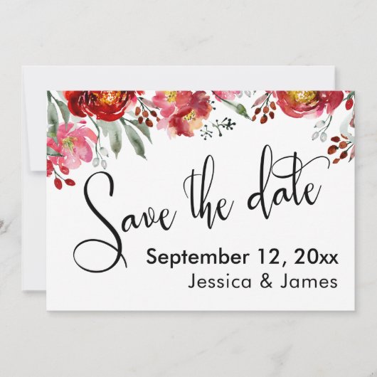 Calligraphie Save the Date Burgundy Rote Blume (Vorderseite)